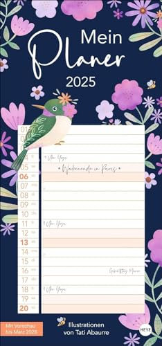 Planer für mich - Wandkalender 2025 - Heye-Verlag - Mit 1 Spalte, viel Platz zum Eintragen und Blumenmotive - 21 cm x 45 cm