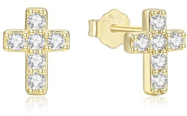 GAVU Damen 925 Sterling Silber Ohrringe mit Zirkonia Kreuz 14K vergoldete Ohrstecker für Frauen