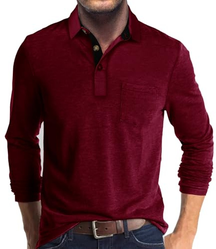 Rodawu Mens Long Sleeve Polo Shirts Golf Tops Casual Smart Polo T-Shirts Grandad T Shirt Designer Red T Shirt Men M