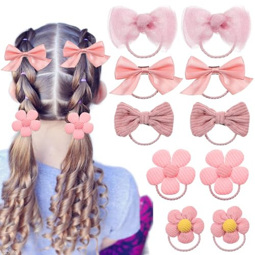 AOZUO Lot de 10 élastiques à cheveux roses avec nœud, joli bandeau élastique à cheveux en forme de fleur, support pour queue de cheval, ruban nœud papillon accessoires pour femmes, filles, tout petits