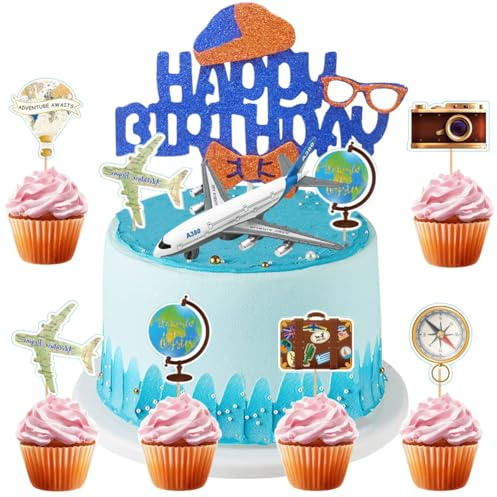 MEZHEN Tortendeko Reise Geburtstag Kuchen Deko Abenteuer Reise Torte Deko Happy Birthday Cupcake Topper Flugzeug Kuchendeko Kindergeburtstag Tortendekoration für Abenteuer Erwartet Reisen Themed Party