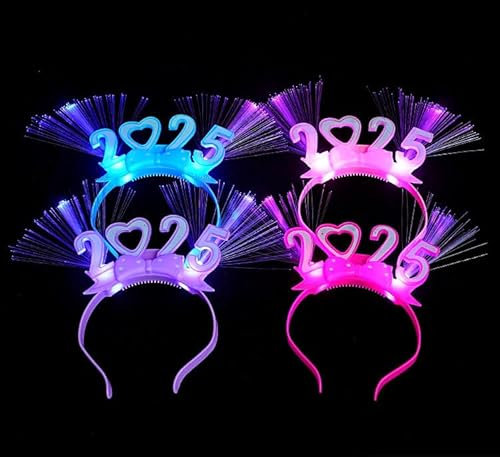 Dusenly 4 Stück Leuchtende Happy New Year Stirnband 2025 LED Neujahr Tiara Stirnband Kopf Bopper Kostüm Kopfschmuck Foto Requisiten 2025 Neujahr Party Dekorationen