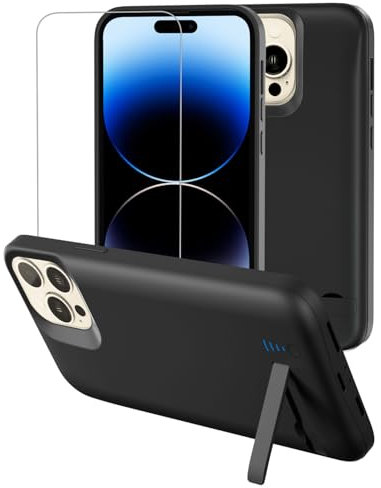 Gladgogo Custodia caricabatterie per iPhone 14 Pro Max, custodia di ricarica 8500 mAh con cavalletto - nero