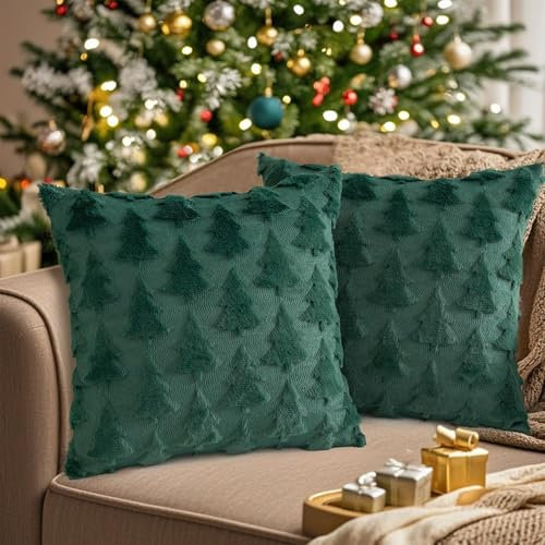 Sunshine smile 2er Set Samt Kissenbezüge Weicher,Kissenbezug Weihnachten 50x50,Kissenbezug 50x50 Weihnachten,Samt Weihnachtsbaum Stickerei Kissenbezüge Weicher