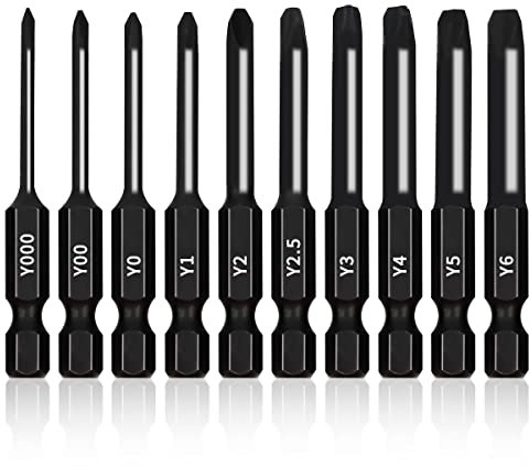 TriWing Bit Set (10 Pack - 2.3 Long Magnetic Heads) in The Following Tri Wing Bits Screwdriver Sizes: Y000, Y00, Y0, Y1, Y2, Y2.5, Y3, Y4, Y5, and Y6