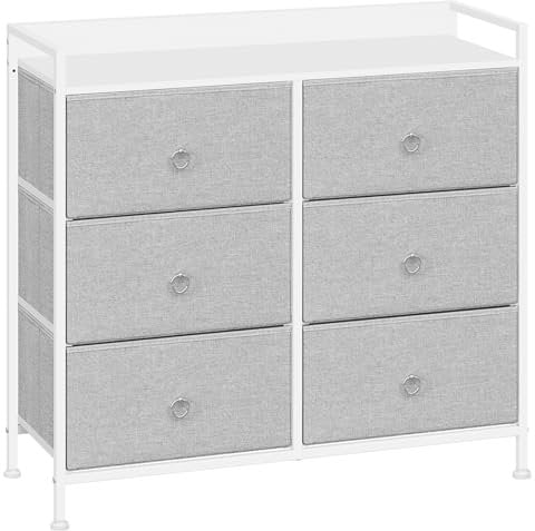 WOLTU Kommode mit Schubladen, Schrank mit 6 Stoffschubladen, Aufbewahrungsschrank Sideboard für Schlafzimmer Wohnzimmer Flur, Metallrahmen, Hellgrau+Weiß, SSK010hgws