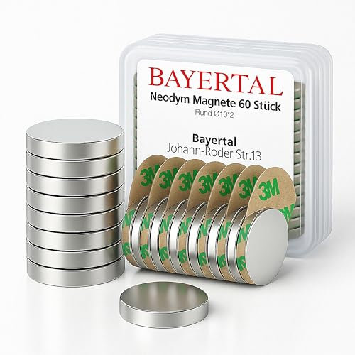 Bayertal® Neodym Magnete 10x2mm – 60 Stück, N52 Extra Stark mit 3M Kleber – Mini Magnete selbstklebend für Magnettafel, Whiteboard, Kühlschrank, Büro, Werkstatt & Haushalt – Haftet auch ohne Metall