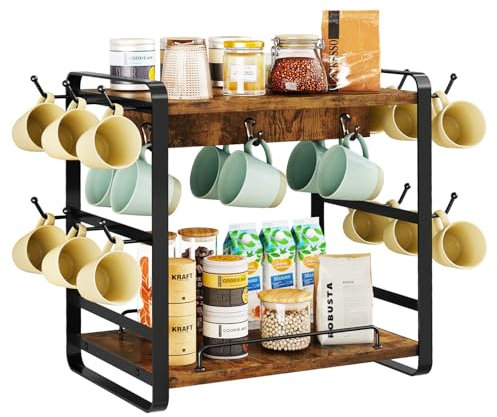 IBUYKE Coffee Bar Station Countertop Organizer,2 Tier Kitchen Mug Cup Holder Stand,Wooden Coffee Mug Organizer with 14 Hooks,Multifunctional Mug Tree for Home Kitchen, Office,Vintage Brown TBJ006H