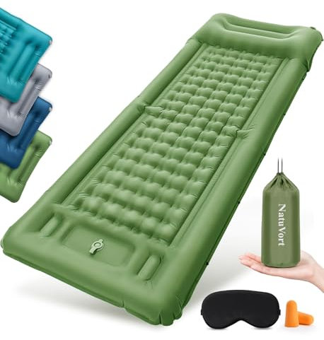 NatuVort Materassino Campeggio Materassino Autogonfiante,Materassino Gonfiabile con Pompa a Pedale Materasso Gonfiabile Singolo con Cuscino per Campeggio, Escursionismo, Spiaggia, Picnic, Tenda，Oliva