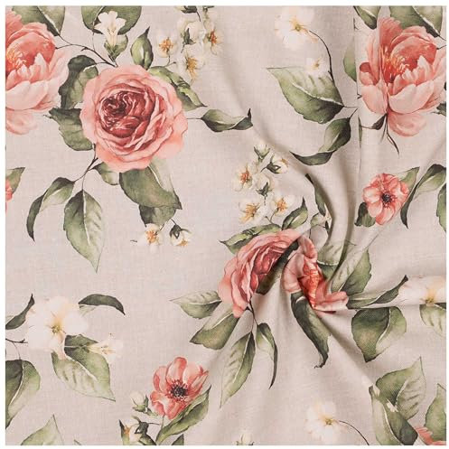 0,5m bedruckter Canvas-Stoff Baumwollstoff Meterware Oeko-Tex zertifiziert, Motivwahl, Motiv:Blumen | natur