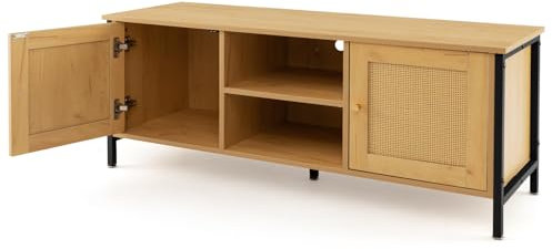 COSTWAY TV Stand Cabinet for 55 Inch TVs, Wooden Media Entertainment Center with Rattan Effect Doors and Storage Shelves, 5 Metal Legs TV Unit Console Table for Living Room Bedroom (Natural+Black)