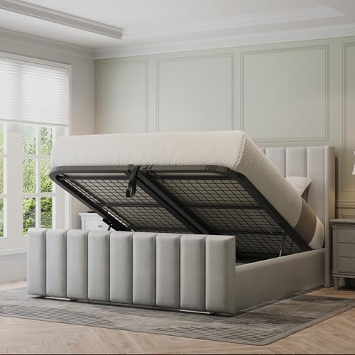 Furnishion Wingback Panel Ottoman Bed Double - Silver Velvet Double Bed with Storage - Panel Double 4ft6 Bed - Mattress Not Included & 48inch High Headboard