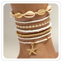 CharmBurst 7PCS Chevilles à Coquillage, Bijoux de Plage, Perles Bohème Stretch, Ensemble de Bijoux d'Été Hawaïen, Bracelets de Surfeur Élégants et Imperméables