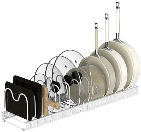 JOWBOOW Expandable Pots and Pans Organiser, Saucepan Lid Storage Pan Organiser for Kitcchen Cupboards, Baking Tray Storage Rack with 13 Adjustable Dividers, White
