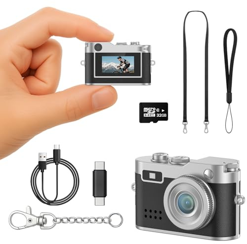 Dienspeak Mini cámara retro, llavero portátil, tarjeta de 32 GB, color | Mini cámara vintage Y2K con video 1080P, pequeña cámara perfecta para viajes, vlogging, momentos diarios y regalos creativos