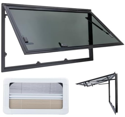 Ausstellfenster Camper 900x500mm für Wandstärken ab 29 mm | Wohnmobilfenster Seitenfenster mit integriertem Rollo & Fliegengitter, RV Push Fenster für Van, Camper & Wohnwagen Fenster