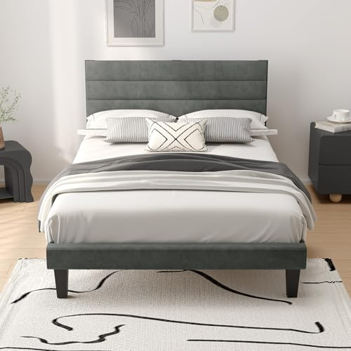 Bonnlo 4ft6 Double Bed Frame,Noise-Free Upholstered Platform Bed with Adjustable Headboard & Under Bed Storage-Sturdy Wooden Slat Support-No Box Spring Needed, Velvet, Dark Grey, 135 x 190 cm