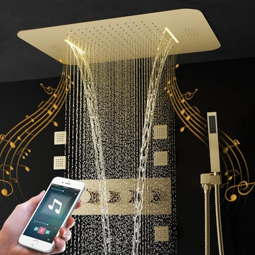 SWHC Duschgarnitur mit Regendusche Ohne Armatur Unterputz Duscharmatur Gold | Musik Duschsystem mit Thermostat, 6 PCS Massage Seite Spray, Handbrause, 64 Farben RGB