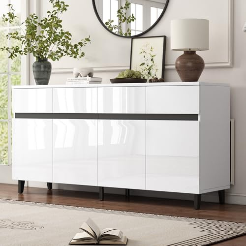 Yihomfy Commode Chambre avec 4 Tiroirs et 4 Portes - Meuble de Rangement pour Salon, Couloir, Salle à Manger et Entrée - Spacieuse et Design - étagères réglables (Blanc, 160x40x68cm)