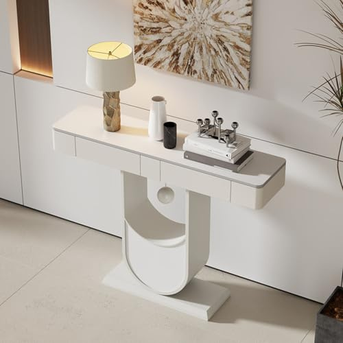 YITAYMLI Table Console Demi-Lune d'entrée avec Deux tiroirs, Table de Salon de Couloir de Luxe avec Plateau en Ardoise étroit, Base métallique créative en U,Meuble de Couloir(White A,80cm/31.5in)