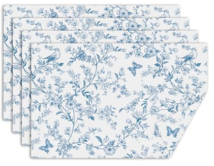 comfoyar Lot de 4 Sets de Table Toile de Jouy, sous Assiette de Table Motif Bleu Blanc Fleur, Lavable Absorbant Dessous Assietter en Lin pour Cuisine, Salle à Manger, Fêtes, Décoration 30 x 45 cm