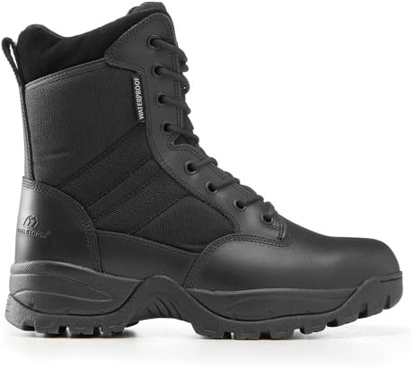 Maelstrom Militärische taktische Arbeitsstiefel zum Wandern, Motorradfahren, EMT und Kampf im Freien, Schwarz, wasserdicht, Reißverschluss, 44 EU