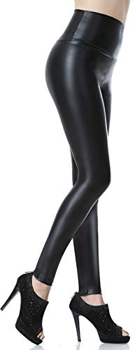 Everbellus Sexy Damen Faux PU Leder Leggins Hohe Taille Hüfthoch Strumpfhose Hose Schwarz Large
