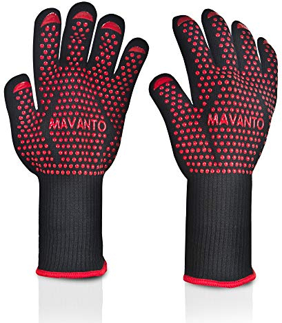 MAVANTO® Gants Barbecue Anti Chaleur jusqu'à 500 degrés - SPECIALEMENT Long - Gants de Cuisine Professionnels avec Protection de l'avant-Bras (L/XL, Rouge)