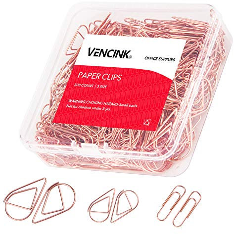 300 Rose Gold Cute Paper Clips Assorted Sizes,Smooth Steel Wire Paper Clips for Office School Students Paper Document Organizing With Storage Box by VENCINK