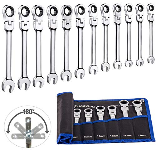 12pcs Flexible Ratchet Spanner Set, 8-19mm Metric Ratchet Spanner Sets, Cr-V Flex Head Wrench Tool Kit, Combination Wrench Set with Roll Bag