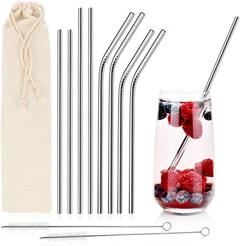 COM-FOUR® 8x Pajitas de acero inoxidable-Pajitas para beber-Pajita con cepillo de limpieza reutilizables-21,5 cm + 24 cm (Acero inoxidable curvado/recto - 08 piezas)