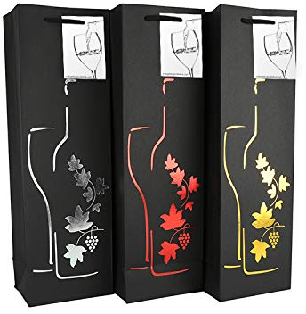 EVG 6 Pack Black Wine Gift Bags with Gift Tag and Handles, Silhouette Glass and Grape Vines Design/Wine Bottle Carrier for Anniversary, Birthday, Occasions, H: 39 cm x W: 12 cm x D: 9 cm