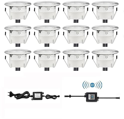 CISLAN LED Terrassen Bodeneinbaustrahler RGB 12er Set, Ø45mm WiFi Terrasse Einbauleuchten Kompatibel mit Amazon Alexa, IP67 Wasserdicht App Steuerbar LED Außen Boden Licht für Küche