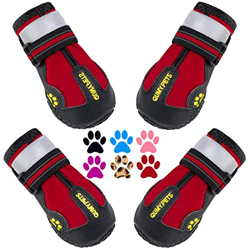 QUMY Bottes imperméables pour chiens avec sangles réfléchissantes et semelle antidérapante robuste - 4 pièces - Noir (Pointure 8 : 8,4 cm x 7,6 cm (L x l), rouge-b)