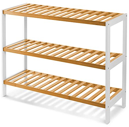 KEPLIN Bamboo Shoe Rack, Easy Build With 3 Shelves, Large Storage Capacity Wooden Shoe/Trainer Stand and Organiser, up to 12 Pairs, Perfect for Hallway, Bedroom