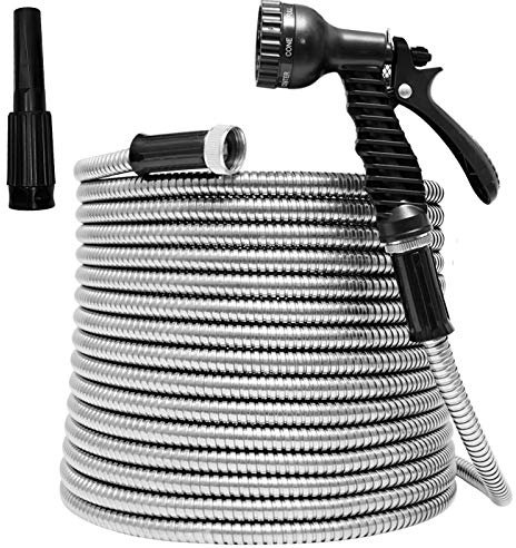 TUNHUI Robuster flexibler Metall-Gartenschlauch aus Edelstahl mit 2 Düsen, flexibler und langlebiger Schlauch ohne Knicke und einfach zu verstauender Outdoor-Schlauch