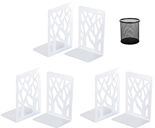Buchstütze, 3 Paar Buchstützen aus Metall, Buchhalter Regal, CD, Ordnerhalter DVD, Dekorativer Buchstaender für Schwere Bücher, Bücherstützen für Home Office, Bücherstopper, mit 1 Stifthalter(Weiß)