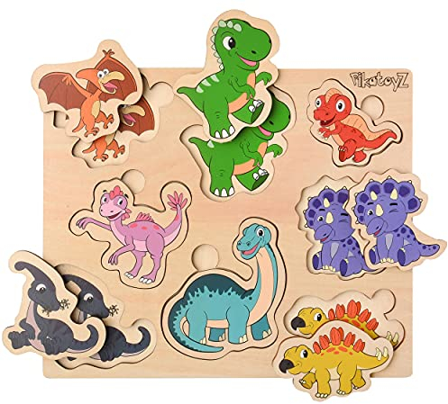 PikatoyZ® Holzpuzzle ab 1 Jahr, 2 und 3 Jahre – Montessori Steckspiel mit Dinosauriern – Lernspielzeug für Jungen Kinder