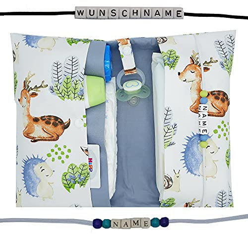 Große Windeltasche XXL mit Name - Wickeltasche Waldtiere Fuchs Hase Reh weiß grün blau