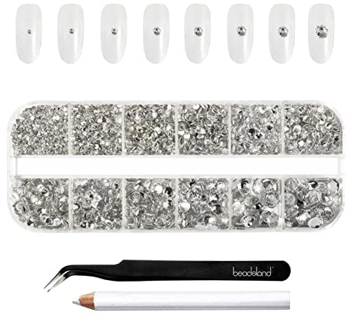 Beadsland 2500pcs Glas Nailart Strasssteine Kristall Flatback Edelsteine Runde, für Handwerk Gemischt 8 Größen SS4 ~ SS30 mit Picking Pinzette und Stift (Kristall Weiss)