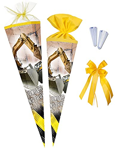Nestler Schultüten-Set zum Befüllen, Handgemachte Zuckertüte aus Karton - Motiv Baustelle, inkl. Spitzenschutz, Schleife (70 cm rund)