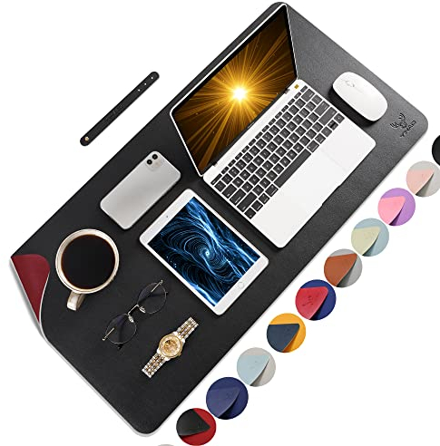 Yikda Schreibtischunterlage Leder, Mauspad, wasserdichte schreibunterlage tischunterlage Schreibtischmatte, PU-Leder doppelseitige Mousepad für Büro und Zuhause(Schwarz Rot 90 * 43cm)