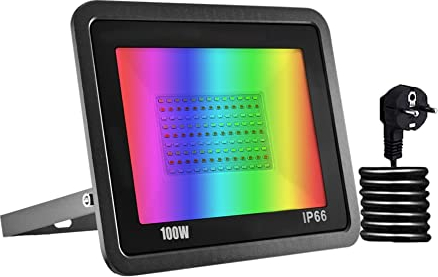 Bikuer RGB LED Strahler 100W Fluter Außen 16 million Farben und 20 Modi Smart Flutlichtstrahler, IP66 Außenstrahler Wasserdicht Flutlicht, Garten Stimmungslichter [Energieklasse E]