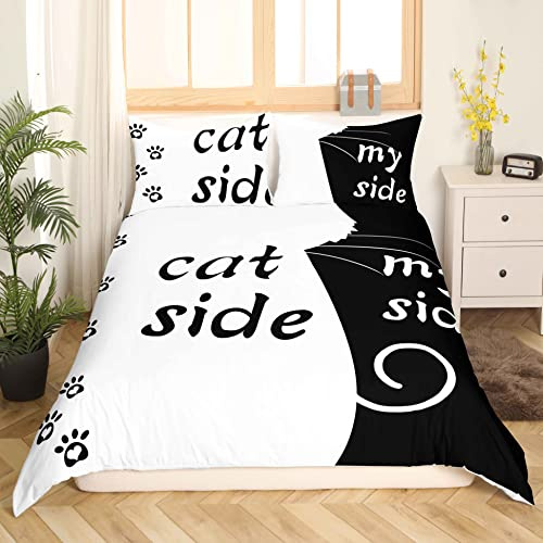 Loussiesd Katze und Meine Seite drucken Bettwäsche Set Paar Bettbezug Set Schwarzer weißer Katze Muster Bettwäsche 135x200 cm Romantisches Thema Betten Set