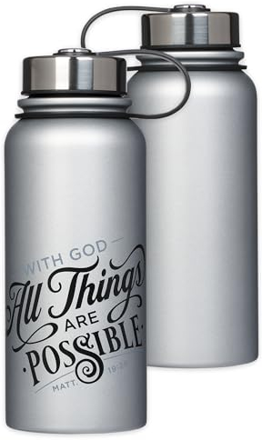 Christian Art Gifts Botella de agua grande de acero inoxidable sellada al vacío de doble pared para hombres y mujeres: All Things are Possible - Mat. 19:26 Escritura alentadora, a prueba de fugas y