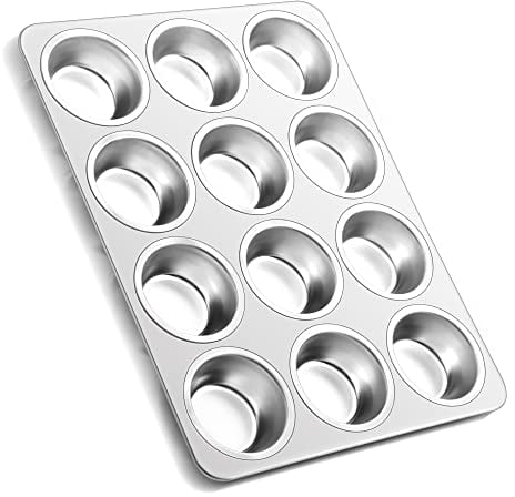 Joyfair Molde para magdalenas, bandeja de acero inoxidable para 12 magdalenas, apto para horno y lavavajillas