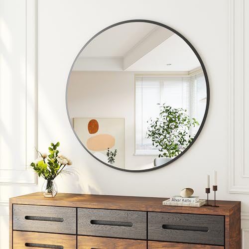 Boromal Badspiegel Rund 50cm Rund Spiegel Schwarz Metallrahmen Badezimmerspiegel Dekorative Wandspiegel für Badezimmer, Waschräume, Schlafzimmer, Ohne LED Beleuchtung