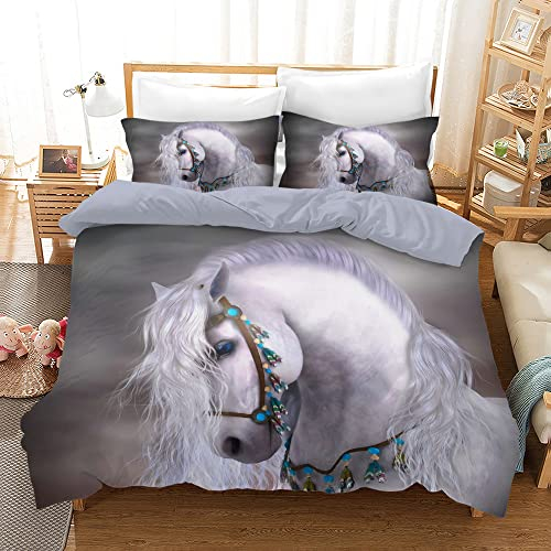 AVJWWD Bettwäsche-Set für Pferde mit 3D-Druck, Weich Mikrofaser Bettbezug Set mit Tier Pferde Motiv,mit Reißverschluss und Kissenbezug,für Kinder, Jungen, Jugendliche (135x200cm, Grey)