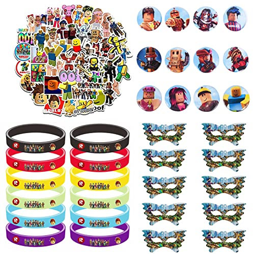 Roblox Party Deko,84 pcsRoblox Party Mitgebsel,Set beinhaltet 12 Silikon Armbänder, 12Abzeichen,50 Aufkleber,10Mask,für Roblox Fans Partygeschenke