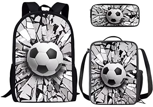 Howilath Lot de 3 sacs à dos pour enfants, adolescents, garçons et filles, avec boîte à déjeuner et trousse à crayons, Ballon de football en verre brisé
